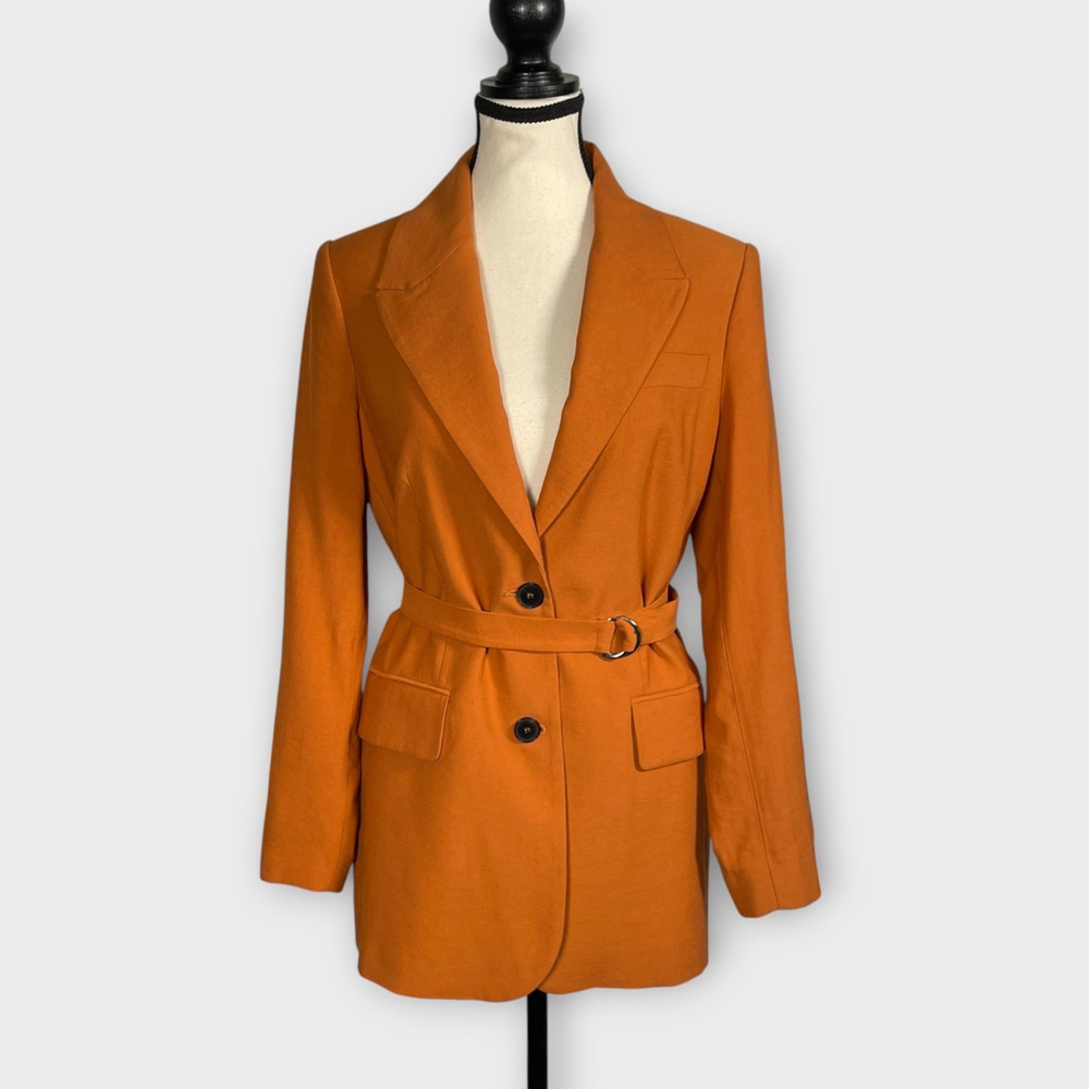 Mango MNG Suit Belted Blazer SZ 4 Structured Brunt Orange Day to Night